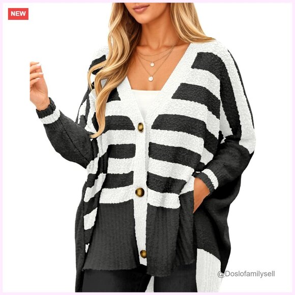 Sweaters - Oversized Fuzzy Knit Cardigan, V-Neck Button Up, Side Slit, Fall Winter Sweater